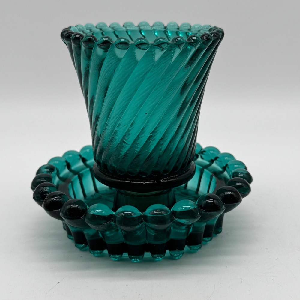 Vintage Indiana Glass Tiara Teal Blue Green Swirl Fairy Lamp Votive Candle Holde